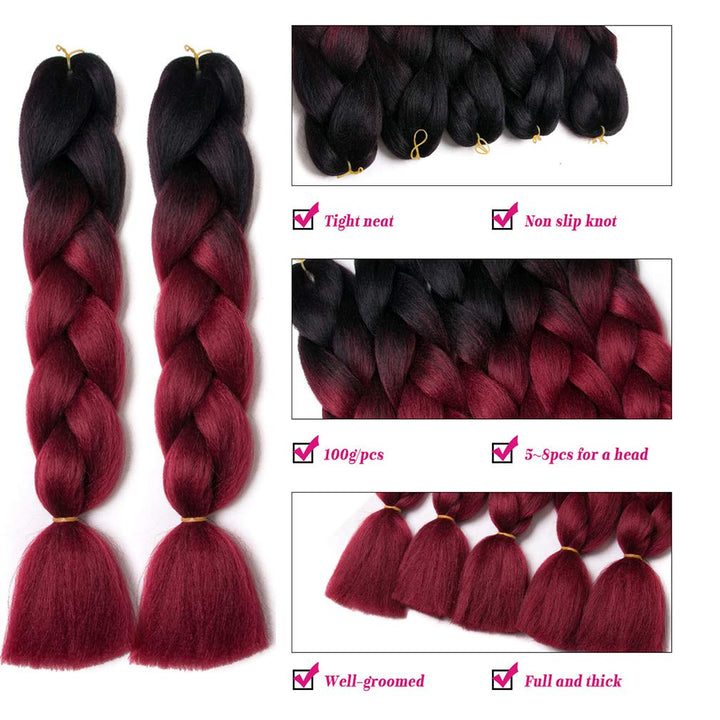 Ombre Braiding Hair 24inch Jumbo Braids High Temperature Fiber Synthetic Hair Extension 5pcs/Lot 100g/pc for Twist Braiding Hair (24inch(Pack of 5), Black-Wine Red)