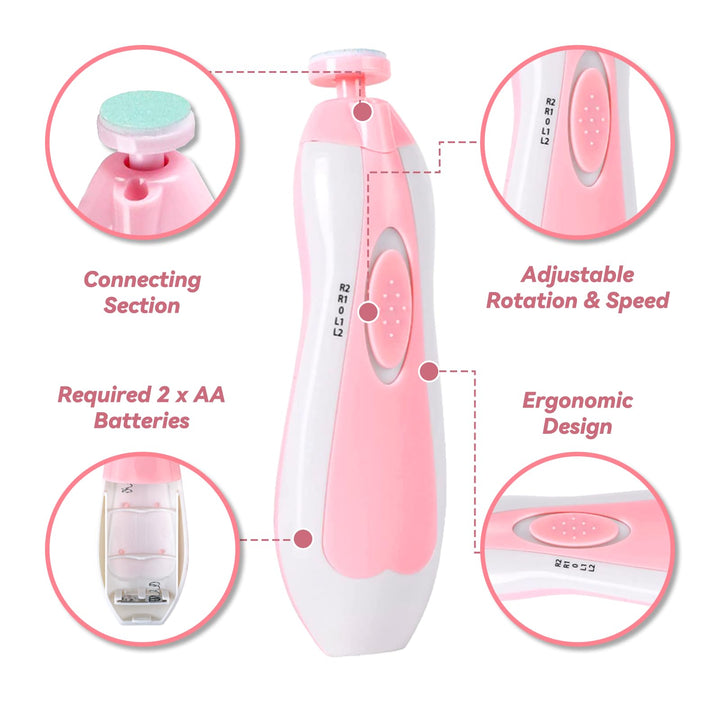b&amp;k Glopole Baby Nail Trimmer File with Light Battery Operated Safe Electric Nail Clippers Kit (AA) - Pink
