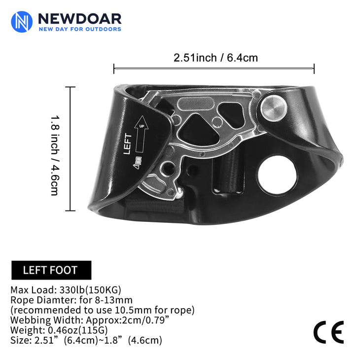 Left Foot Ascender Riser Rock Climbing Tree Arborist Mountaineering Rappelling Quick Step Equipment CE Certified Climbing Device for 8~13MM Rope(Left Black)