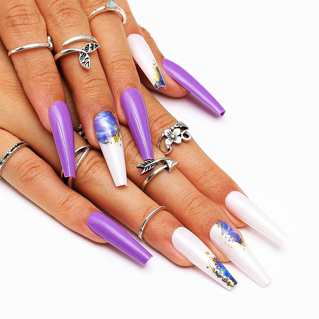 Glossy Extra Long Press on Nails Rainbow Square Coffin Fake Nails Watercolor Geometric Art Acrylic False Nails Tips for Women and Girls (Purple)