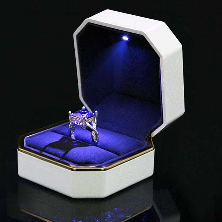 Luxury Ring Box, Square Velvet Wedding Ring Case Jewelry Gift Box with LED Light for Proposal Engagement Wedding, White
