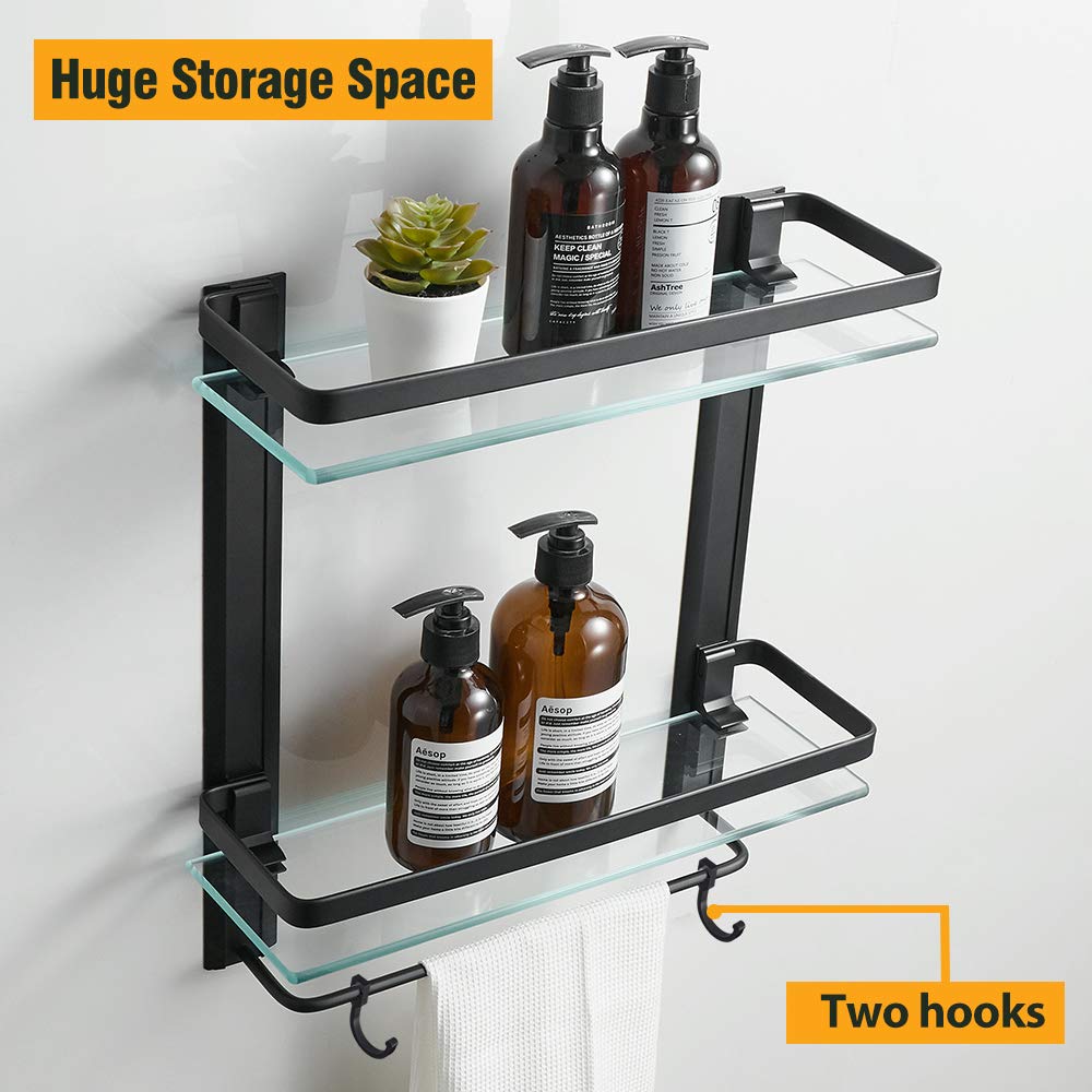 Heavy Duty Lavatory Glass Bathroom Shelf, 2 Tier Tempered Glass Shower Shelves with Towel Bar Wall Mounted, Shower Storage 15 by 5 inches, Matte Black Finish/Aluminum