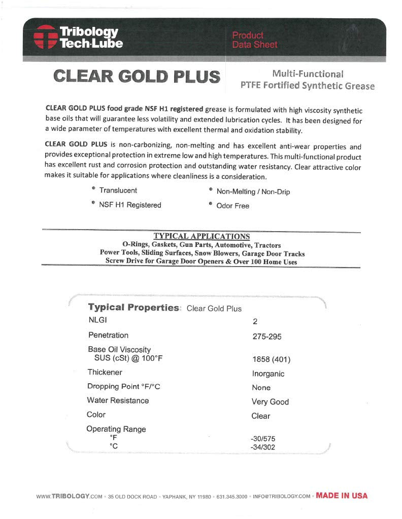 Tribology Clear Gold Plus Multi-Purpose PTFE Lubricant, NSF H1 Food Grade Grease, 3.5 oz. (CG-Plus)