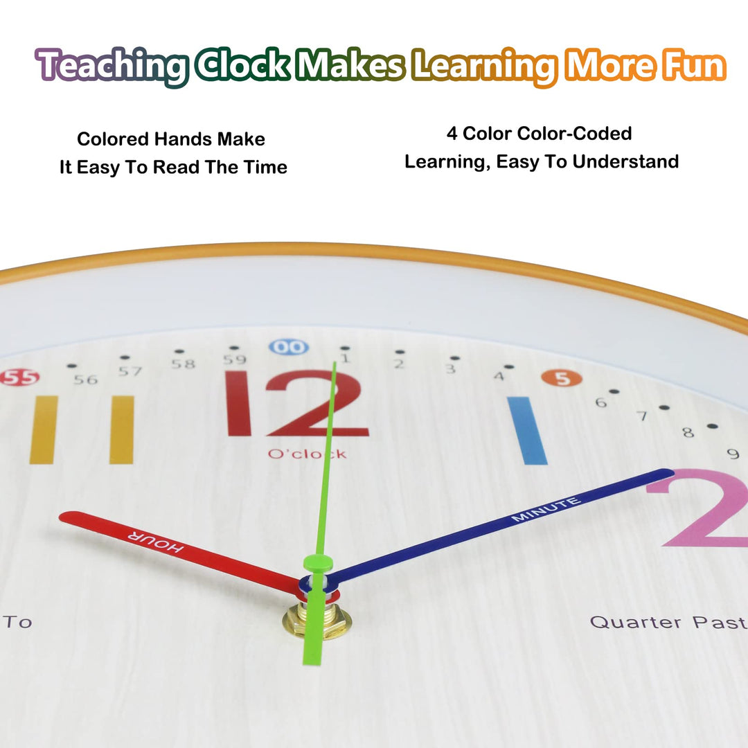 Learning Clock for Kids 12 inch Educational Wall Clock Silent Movement and Colorful Numerals Kids Wall Clocks for Classroom,Playroom Nursery Bedrooms Kids Room,School