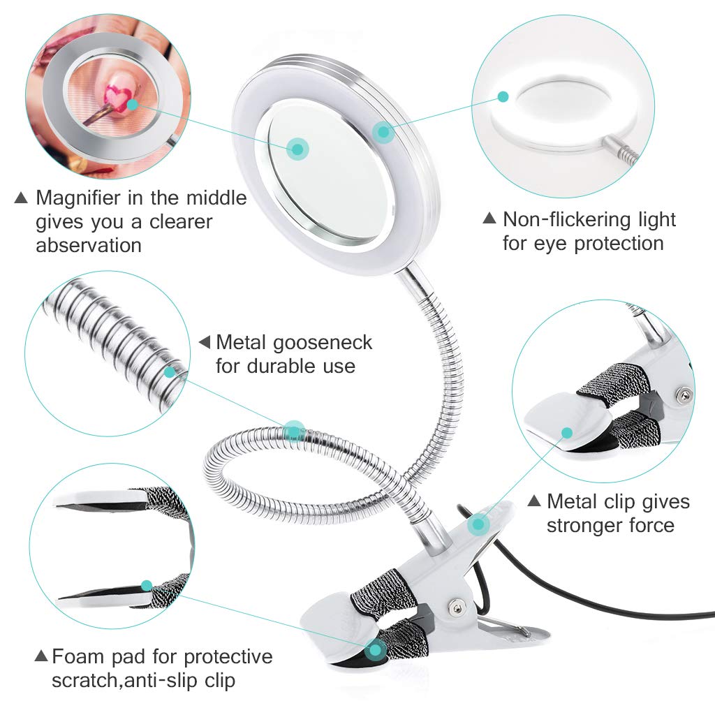 Magnifying Lamp, Tattoo Light Desk Lamp, LED Book Light with Clip, USB Bed Lamp for Reading, Tattoo, Make Up, Manicure