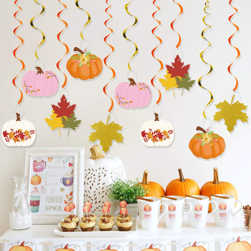 20Pcs Fall Party Hanging Swirl Decorations, Autumn Pumpkin Maple Leaf Thanksgiving Hanging Foil Swirls Streamers, Fall Themed Door Ceiling Decoration for Thanksgiving Halloween Birthday Party Supplies