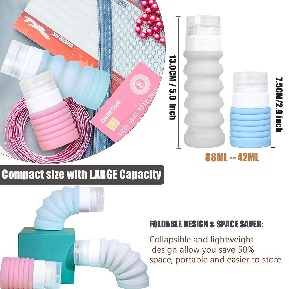 Collapsible Travel Size Bottles Portable Refillable Containers for Toiletries Shampoo Lotion Soap, Leak-Proof and TSA Approved, Ideal for Travel, Gym, Camping (Pack of 4)