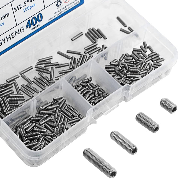 400pcs M2.5 x 4/6 / 8 / 10mm A2-70 Stainless Steel Cup Point Grub Screw Set Allen Head Hex Socket Screw Assortment Kit (DIN916 &amp; GB80)