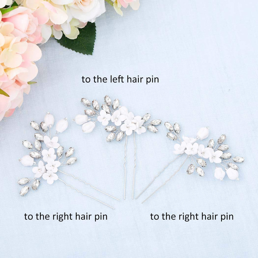 Barogirl Bride White Flower Wedding Hair Pins Clips Rhinestone Silver Bridal Hair Piece Accessories for Women, Set of 3