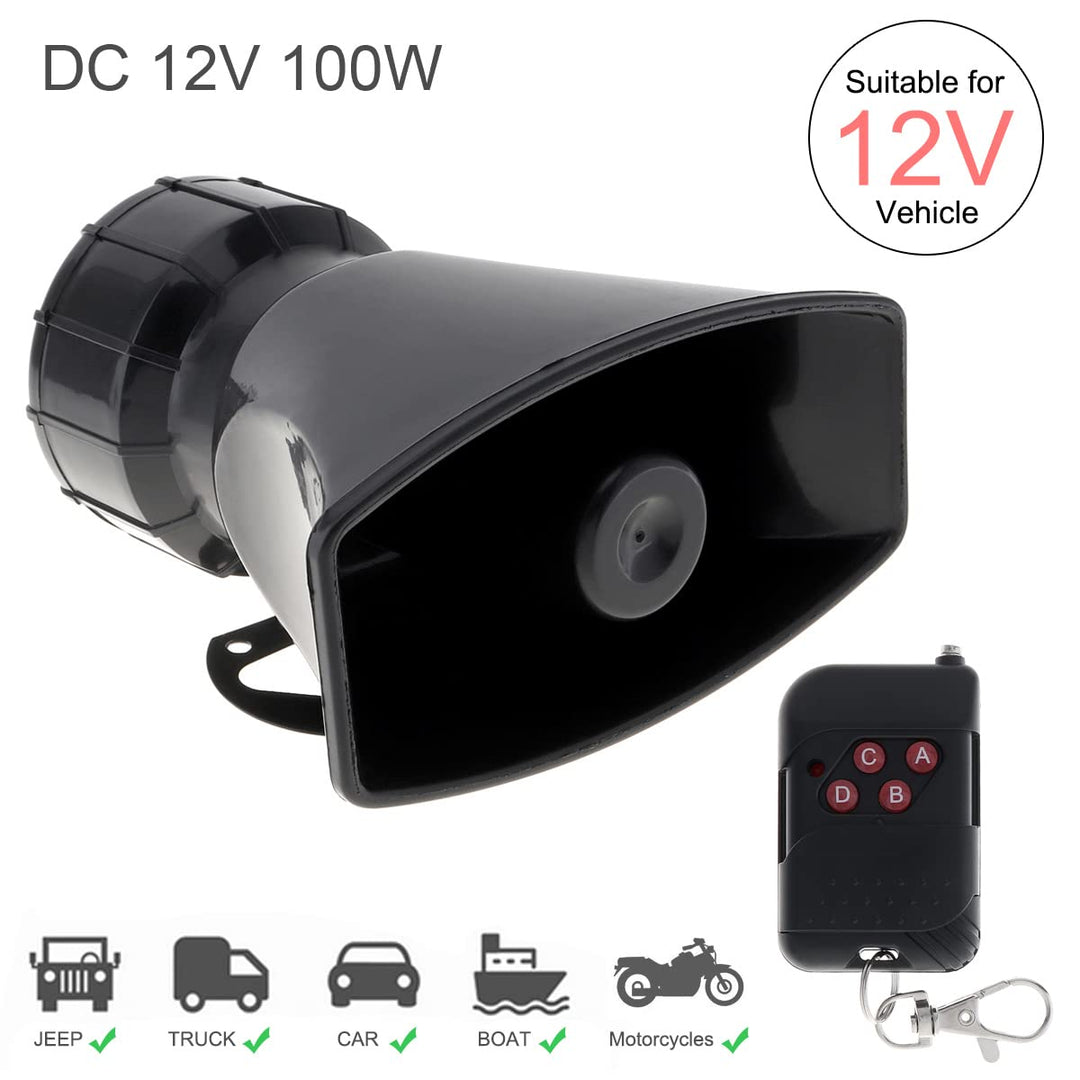 7 Tone Sound Loud Car Siren Vehicle Horn Hooter/Ambulance/Siren/Traffic Sound with Black Remote Controller 12V 100W (1PC Remote Controller)