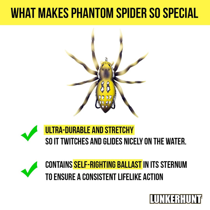 Phantom Spider Fishing Lure | Most Realistic Topwater Fishing Bait with Self-Righting Ballast for Natural Walking Action | Hollow Body Weedless Hooks for Bass Fishing (Dock)