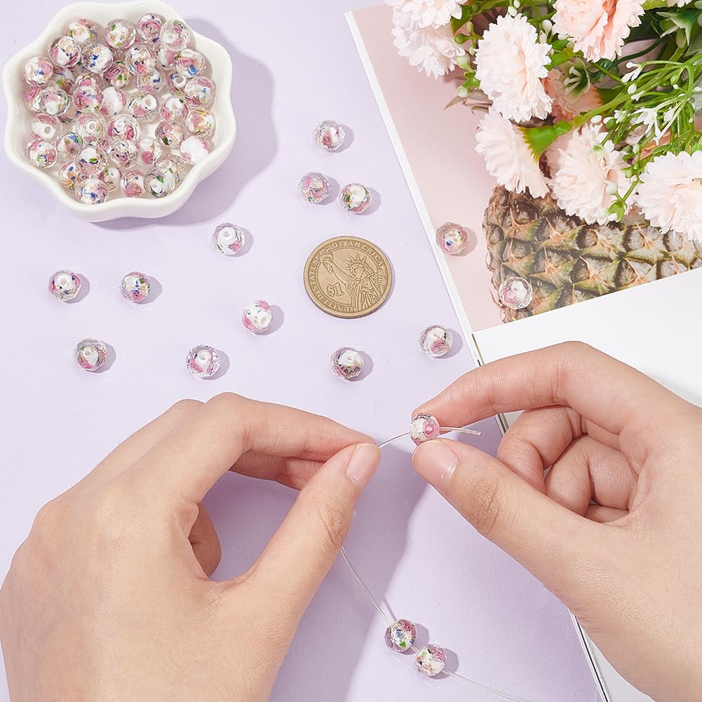 60pcs 9~10mm Rose Lampwork Beads Gold Sand Glass Beads Handmade Flower Glass Beads Round Loose Beads for Rosary Making Jewelry Craft Making with 1.5~2mm Hole - White