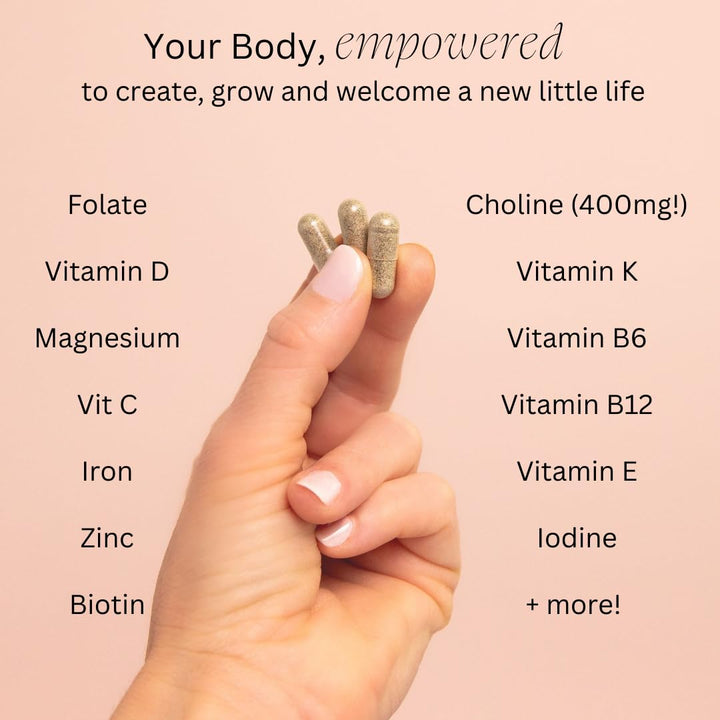 Women Prenatal Multivitamin, for All Stages of Pregnancy, 400mg Choline, Folate, Vitamin D. Supports Egg Quality and Fertility, Gluten &amp; Allergen Free, 90 Vegan Capsules (30-Day Supply)