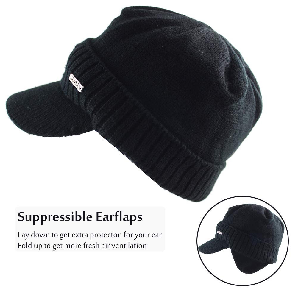 30% Wool Winter Beanie w/Visor &amp; Earflaps for Men Outdoor Fleece Hat