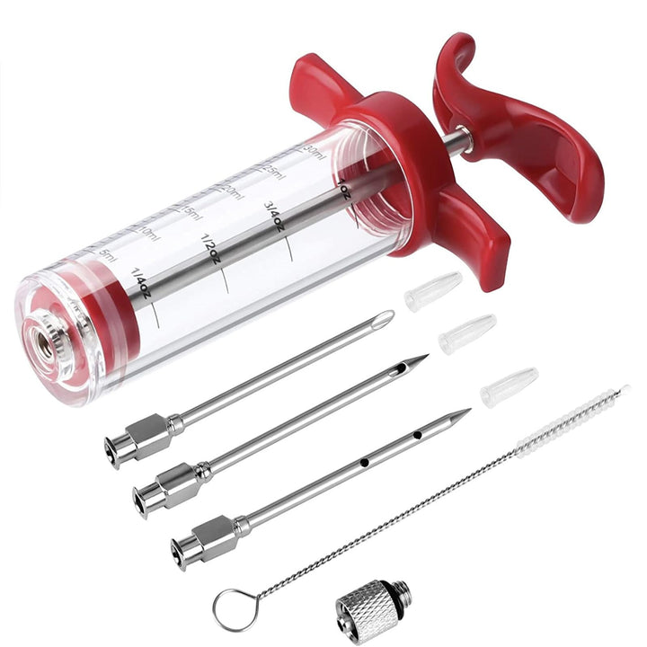 Meat Injector Syringe - 3 Marinade Injector Needles for BBQ Grill, Premium Portable Turkey Injector kit for Smoker,Marinades Injector for Meats With 1oz Large Capacity 1 Brush Easy to Use &amp; Clean Red