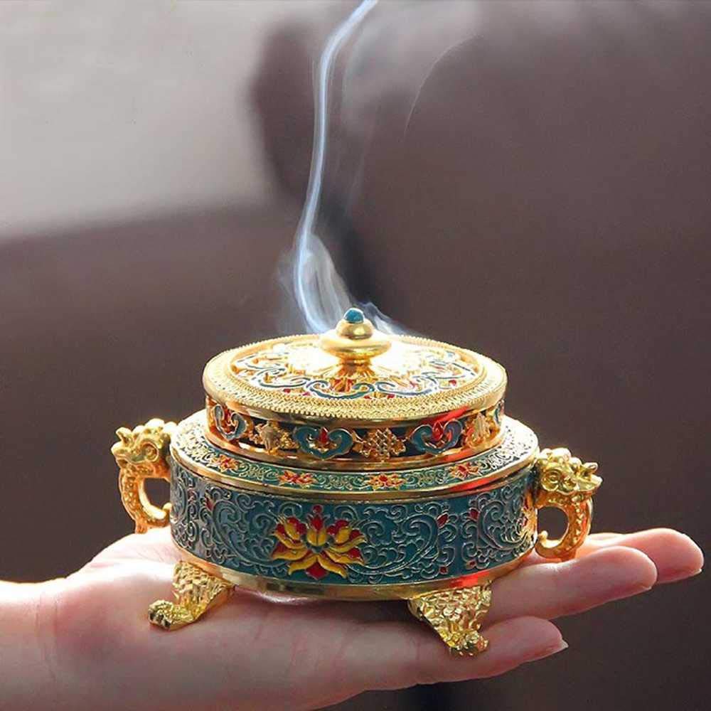 Golden Tibetan Incense Burner Holder for Sticks Cones Coils, Metal Lotus Tibet Decor Chinese Incense Burner, Antique Home Fragrance Accessories
