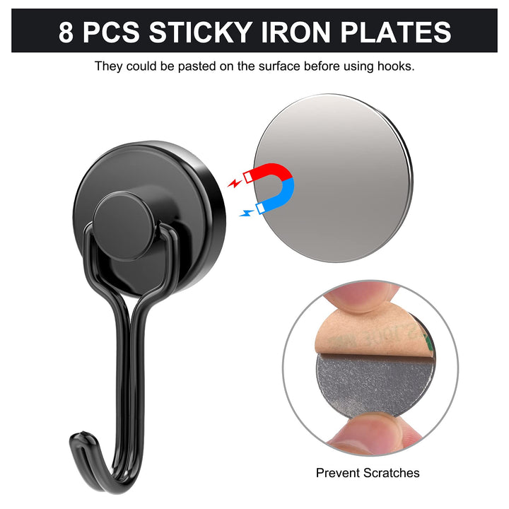 8 Pack Magnetic Hooks Heavy Duty for Hanging, Strong Neodymium Magnet Hook with Scratch-Resistant Base, Swivel Hanger Utility Hooks for Refrigerator, Cruise Cabins, Wall, Grill, Key, Kitchen, Black