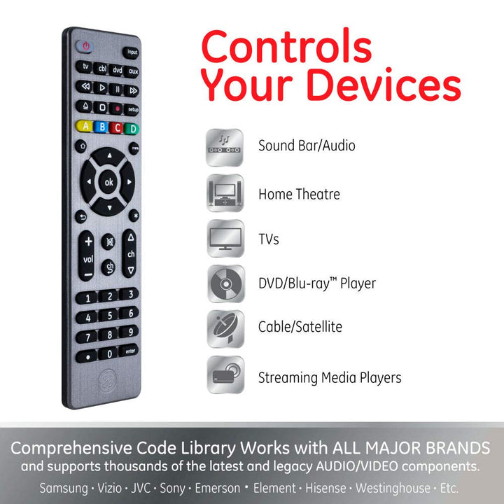 GE Universal Remote Control for Samsung, Vizio, LG, Sony, Sharp, Roku, Apple TV, RCA, Panasonic, Smart TVs, Streaming Players, Blu-ray, DVD, Simple Setup, 4-Device, Graphite, 33711