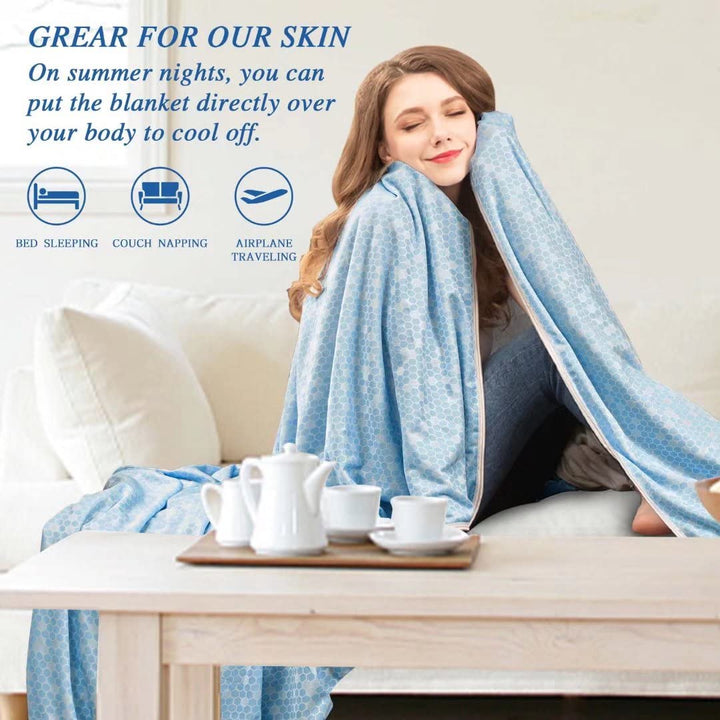 Cooling Blanket for Hot Sleepers Sleeping Night Sweats, Cooling Throw Blanket Twin Full Size(59&#39;&#39;x79&#39;&#39;) Arc-Chill Q-Max &gt;0.45 Cool Fiber, 100% Cotton Summer Blanket Ultra Cold Breathable, Blue