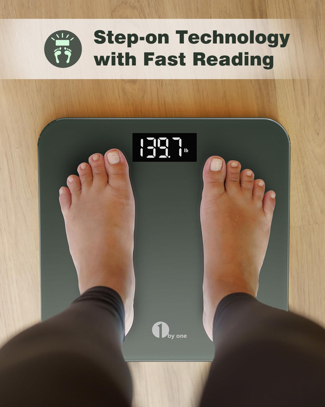1 by ONE Digital Bathroom Scale for Body Weight, Accurate Green Weighing Machine for People 400 lbs, LED Display, High Precision, 6mm Tempered Glass, Tape Measure and Batteries Included