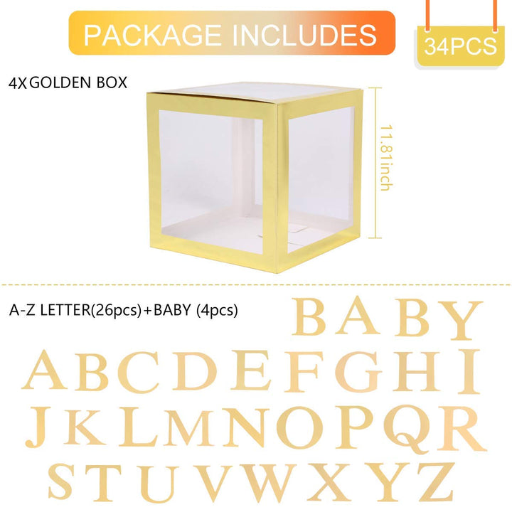 Gold Transparent Balloon Boxes with 30 Letters, includes A-Z and BABY Letters for Girl Boy Baby Shower Boxes Decorations,Sunflower Birthday,DIY Name Combination, Birthday Party Decorations