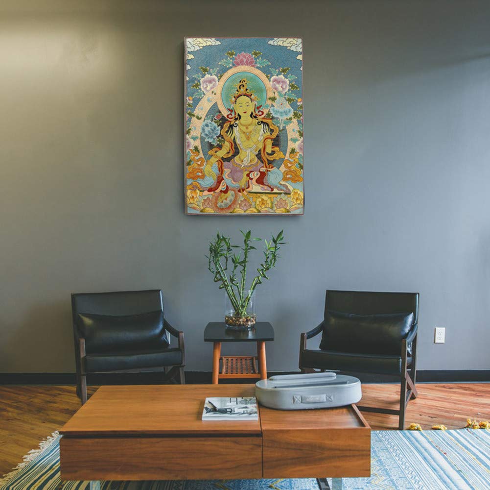 Silk Embroidery Tibetan Thangka with Buddhism Green Tara Wall Hanging for Home Décor Tapestry Meditation