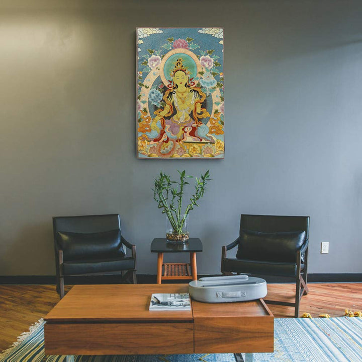 Silk Embroidery Tibetan Thangka with Buddhism Green Tara Wall Hanging for Home Décor Tapestry Meditation