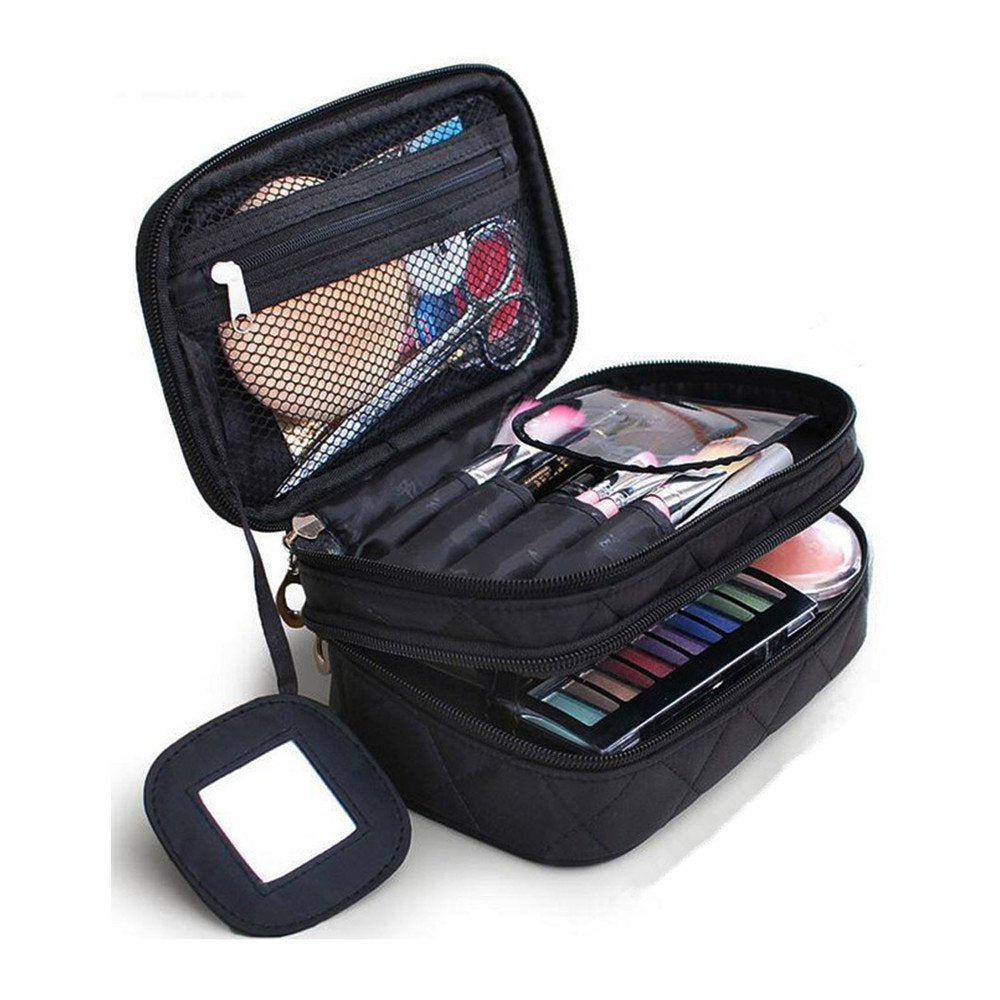 Black Size S: Onegenug Cosmetics Bag, Double Layer Makeup Bag with Mirror Beauty Makeup Brush Bags Travel Kit Organizer, Cosmetic Bag Professional Multifunctional Organiser for WOM