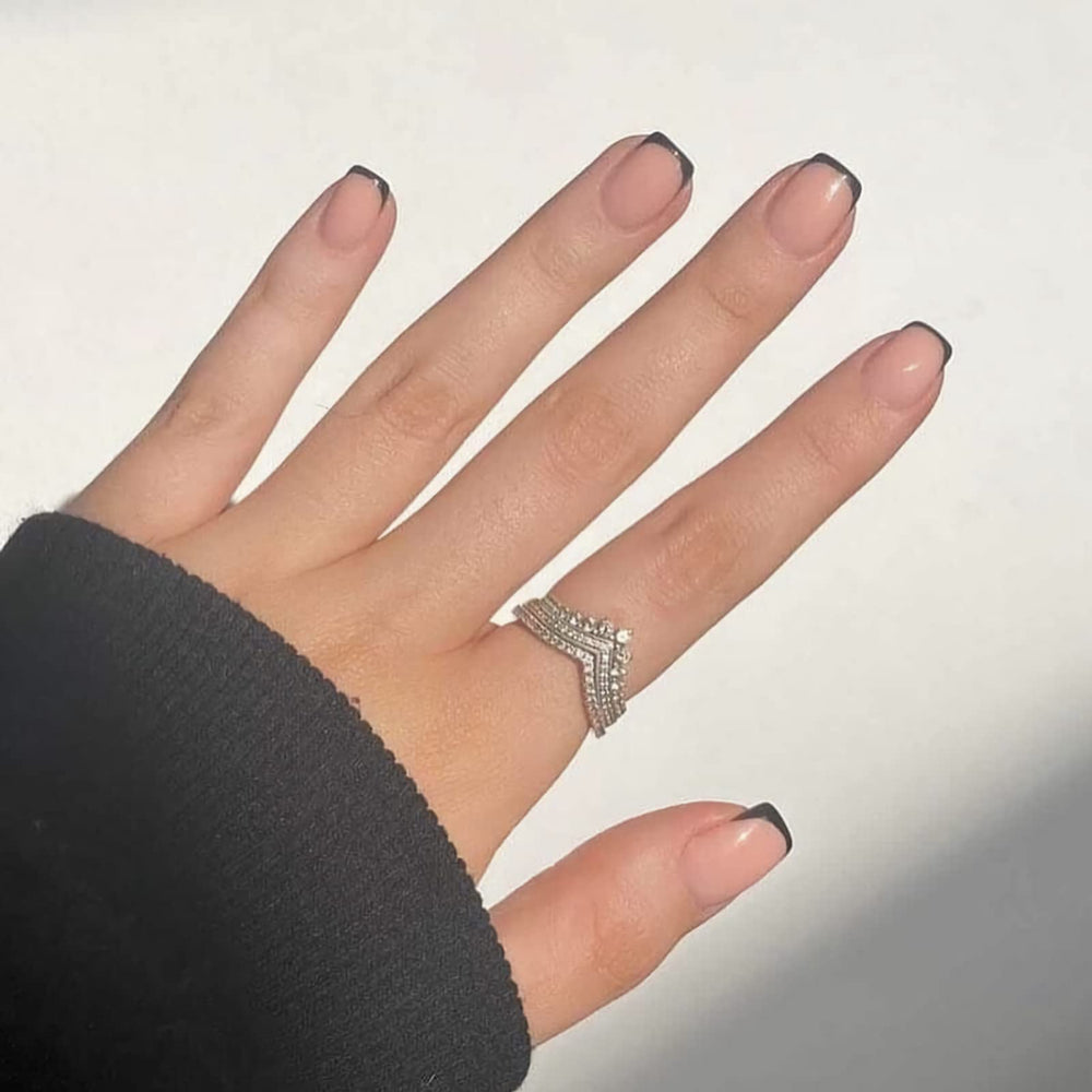 French Tip Press on Nails Black Glue on Nails Short Fake Nails Square Full Cover False Nails with Designs for Women and Girls 24PCS