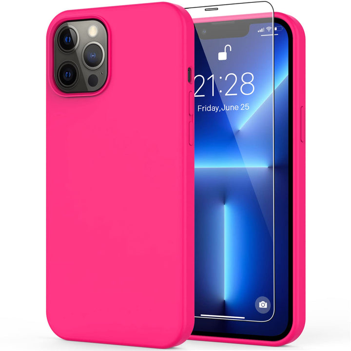 Compatible with iPhone 13 Pro Max Case with Screen Protector,Soft Flexible Silicone Gel Rubber Bumper Cover,Slim Fit Shockproof Protective Phone Case for Women Girls 6.7 Hot Pink