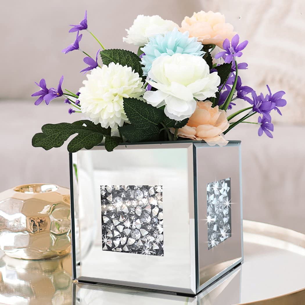 Crushed Diamond Mirrored Vase 6x6x6 inch Crystal Silver Glass Stunning Decorative Vase Flower Luxury for Home Decor. Can’t Hold Water.