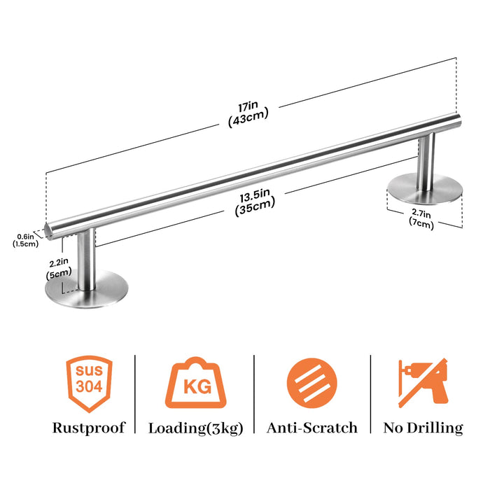 Towel Bar for Bathroom,17 Inch Towel Holder Adhesive Towel Bar SUS304 Stainless Steel Towel Racks Wall Mounted Hand Towel Bar Holder for Bathroom, Kitchen, Cabinet, No Drill Brushed Finish