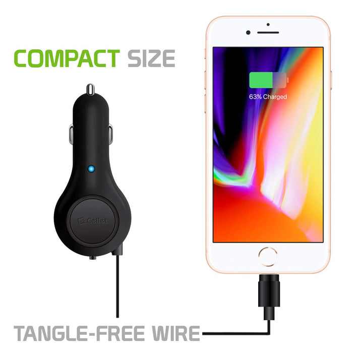 Cellet Retractable Car Charger with Lighting Cable Compatible to Lightning with Apple iPhone 14 Pro Max Plus 13 12 SE11 Xr Xs X iPad Pro Air Mini iPod Touch Nano (Apple MFI Certified) 3-feet