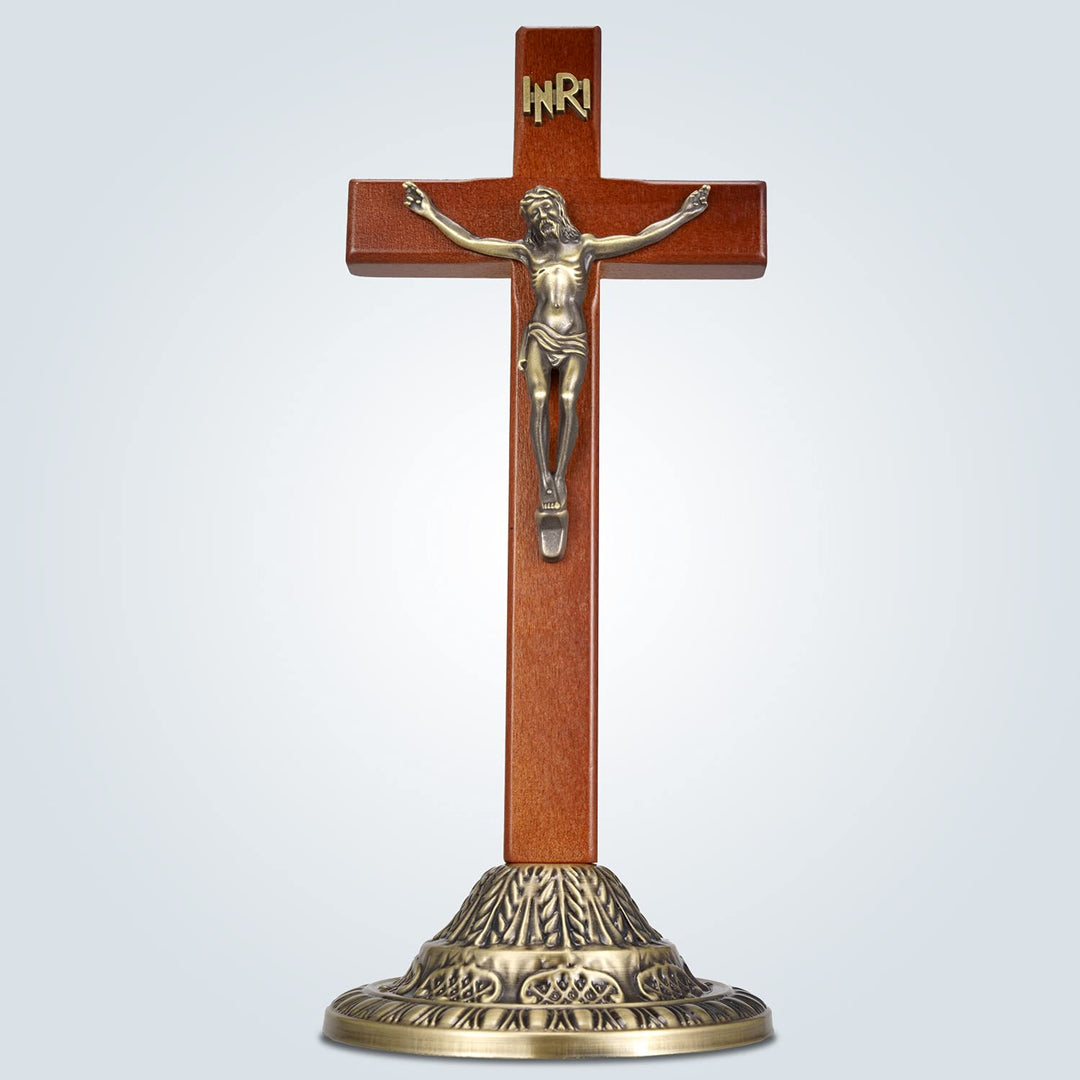 Crucifix Wall Cross, Catholic Wooden Standing Crucifix with Jesus Christ and INRI for Hanging and Standing - 12 Inch