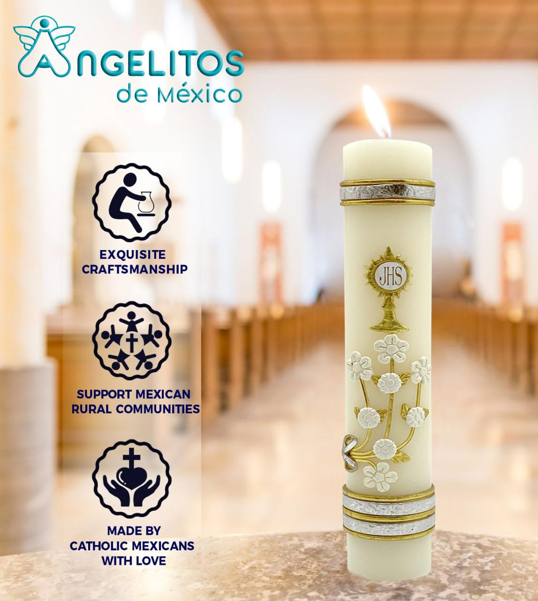 First Communion Prayer Candle Adorned with The Holy Spirit Dove A Blessed Mass Religious Keepsake
