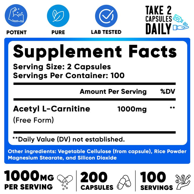 Acetyl L-Carnitine 1000mg Capsules - 200 Easy to Swallow Veggie Capsules - Acetyl l Carnitine Supplement Helps Support Focus, Brain Function, and Energy