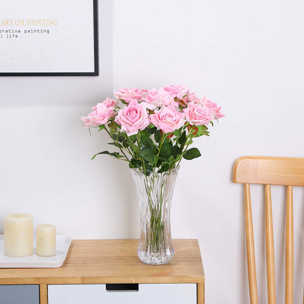 12pcs Artificial Roses Velvet Flowers with Long Stem Fake Roses Bouquet DIY for Home Garden Wedding Decor (Dark Red)