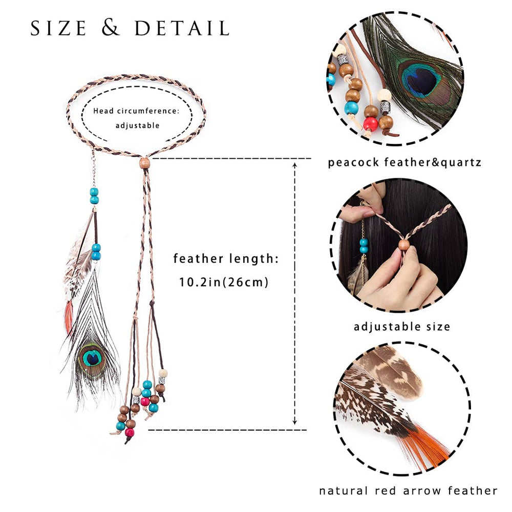 Indian Peacock Feather Headbands Boho Princess Head Chain Bule Adjust Headdress Handmade Rope Hair Accessories for Women and Girls (G)