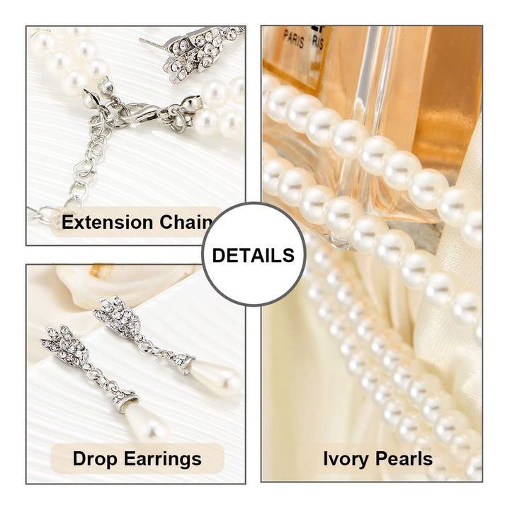 Bridal Pearl Necklace Earring Set Silver Rhinestone Wedding Jewelry Set Bride Choker Necklace Accessories for Women(Set of 3)