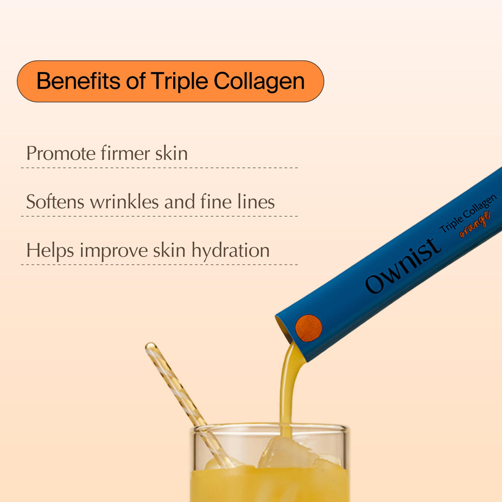 Triple Collagen Liquid Packets On-The-Go - Peptides with Hydrolyzed Marine Collagen, Elastin, Hyaluronic Acid and Vitamin for Healthy Skin - Orange Flavor - 14 Individual Stick Packs