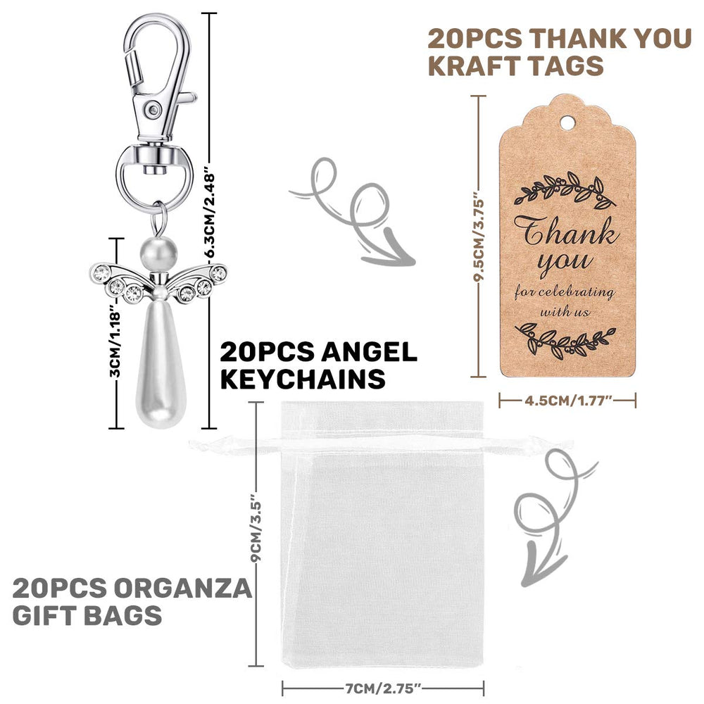20pcs Angel Favor Keychains plus Organza Bags plus Thank You Kraft Tags, Guest Return Favors for Baby Shower, Bridal Shower, Wedding Charm, Party Favors (Silvery&Long 20pcs)