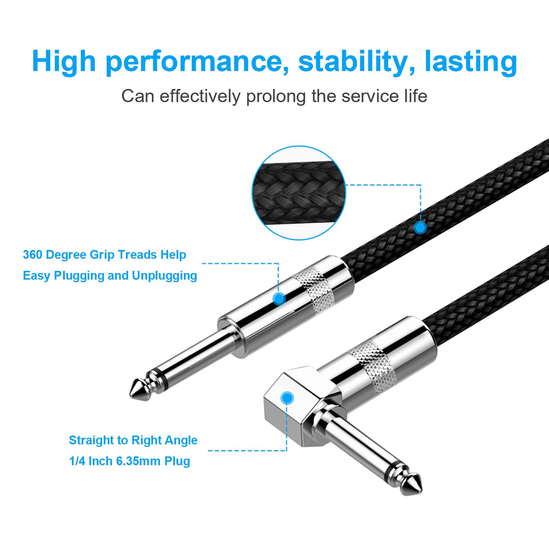 Guitar Cable 10ft Electric Instrument Bass AMP Cord for Electric Mandolin, Pro Audio (Right Angle to Straight, Black)