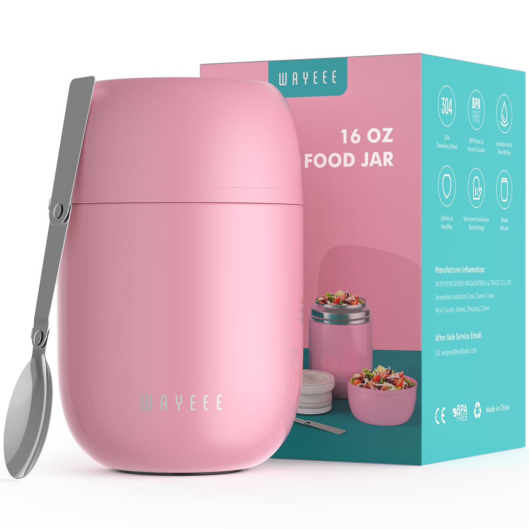 Food Containers for Hot Food Insulated Food Jar, Vacuum Bento Box Lunch Containers 16 oz for Kids Adults, Airtight Stainless Steel Soup Containers with Spoon, for School, Travel, Picnic - Pink