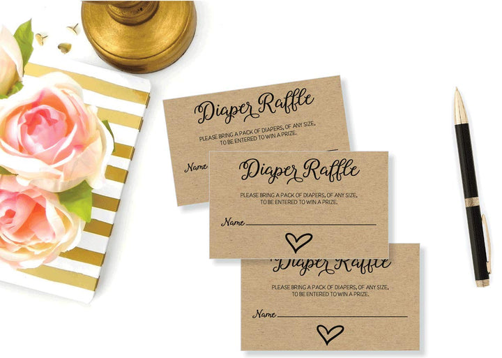 50 Gender Neutral Kraft Baby Shower Diaper Raffle Tickets, Lottery Insert Cards for Heart Baby Shower Invitations Supplies Games for Baby Gender Tickets (50-Cards)