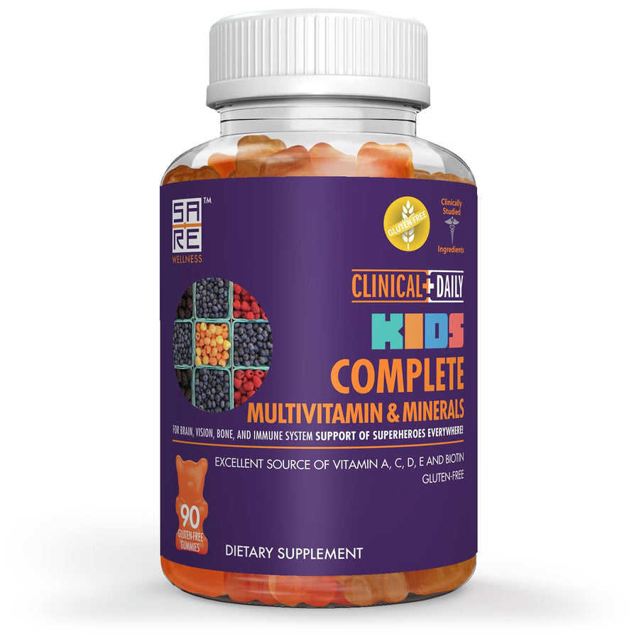 Complete Kids Multivitamin Daily Gummy Supplement for Brain, Vision, Bone and Immune Health. Vitamins A, C, E,D,B6,B12, Folate, Biotin, Essential Minerals. 90 Gluten Free Yummy Gummies