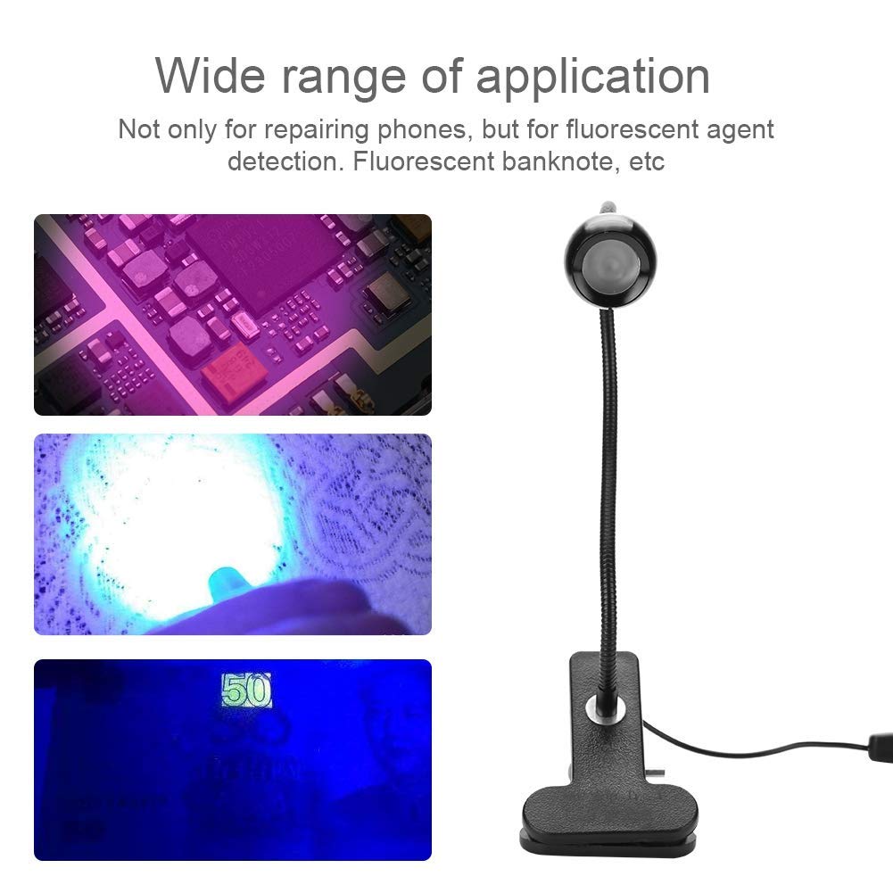 Big Chip 395nm UV LED Light Fixtures with Gooseneck and Clamp Mini Desk Light Clamp Portable Gooseneck for Outdoor Stall Gel Nail Curing, 5V USB Input(Black,1 Piece)