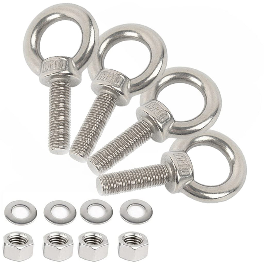 Stainless Steel Eye Bolts, 4 Pack M10 Shoulder Eye Bolt 1.2 Heavy Duty EyeBolts Screws in Eye Hooks with Washer and Nuts for Lifting Ring Eyebolt Thread Length 30mm