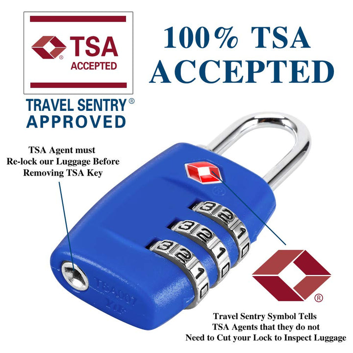 TSA Luggage Locks (4Pack) - 3 Digit Combination Padlocks - Approved Travel Lock for Suitcases &amp; Baggage (Dark Blue)