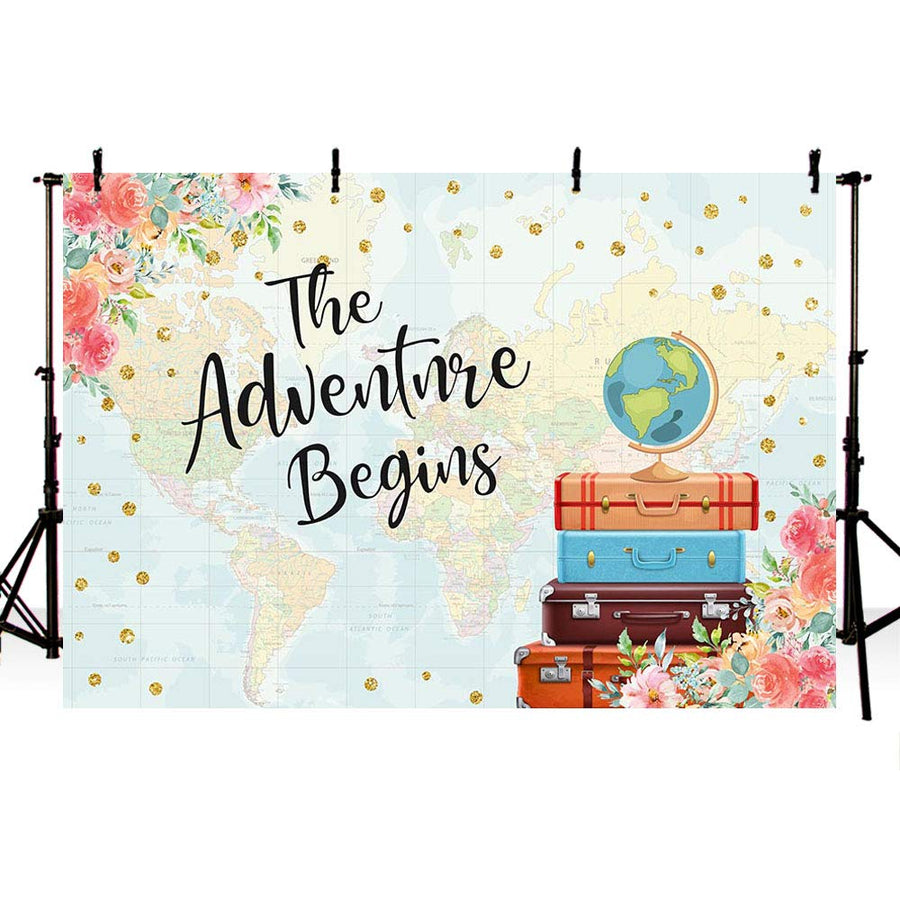 Adventure Begins Baby Shower Party Decorations Backdrop Vintage Red Floral Suitcases Travel Around The World Map Bridal Wedding Shower Photography Background Photo Banner 7x5ft