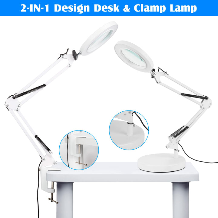 5X Magnifying Glass Lamp, 2-in-1 Magnifier Desk lamp with Clamp and Stand, 8-Diopter Real Glass Lens 3 Color Modes Stepless Dimmable Swivel Arm Magnifying Lamp for Reading Craft Close Work(White)